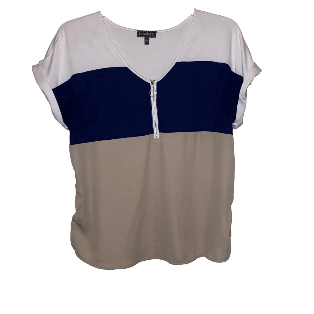 Women's Luxology Short Sleeve V-Neck Top, Size L, White, Blue Tan, zipper accent